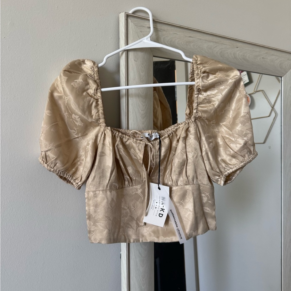 Gold Tie Front Puff Sleeve Blouse